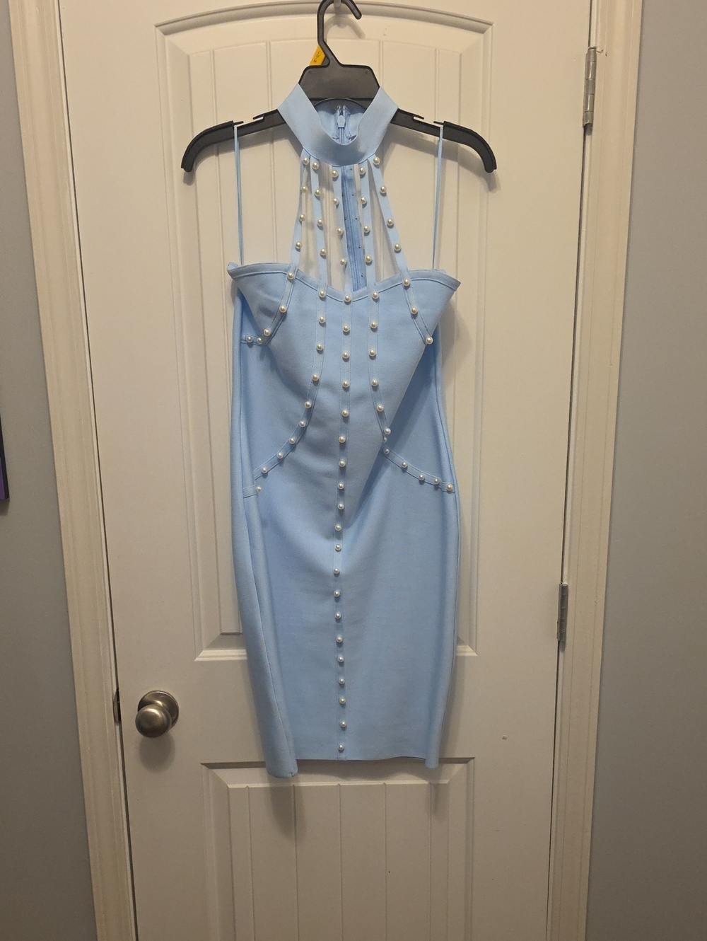 Fashion Nova Light Blue Pearl-Accented Halter Midi Dress